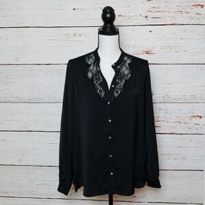 H&M // black silky lace button down top